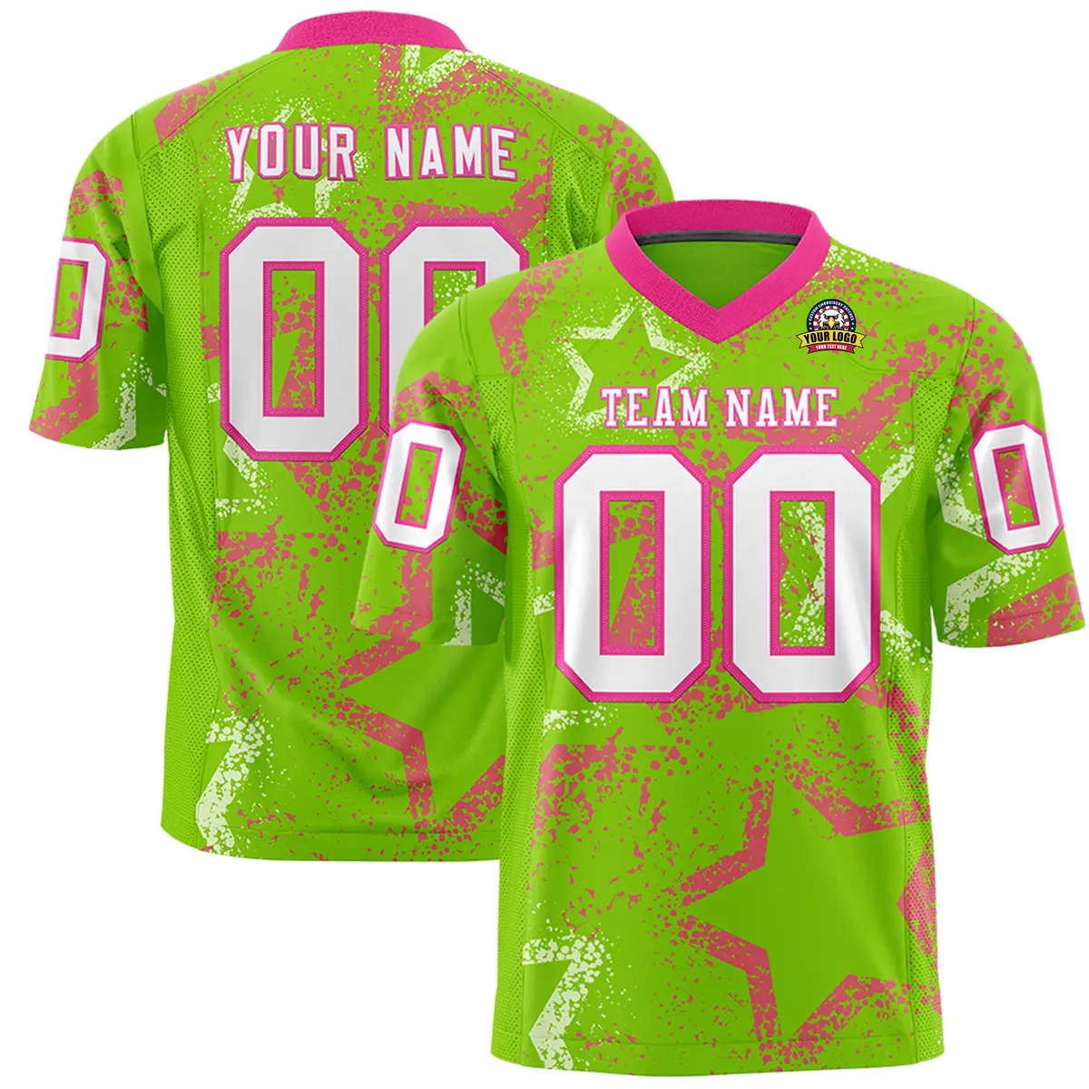 Neon Green Pink-White Star Graffiti Football Jersey