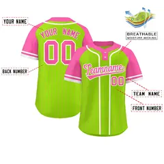 Neon Green Pink-White Stripe Raglan Two-Button Softball Jersey 2