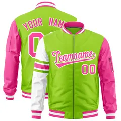 Neon Green Pink-White Varsity Full-Zip Raglan Stripe Letterman Bomber Jacket 1