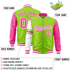 Neon Green Pink-White Varsity Full-Zip Raglan Stripe Letterman Bomber Jacket 2
