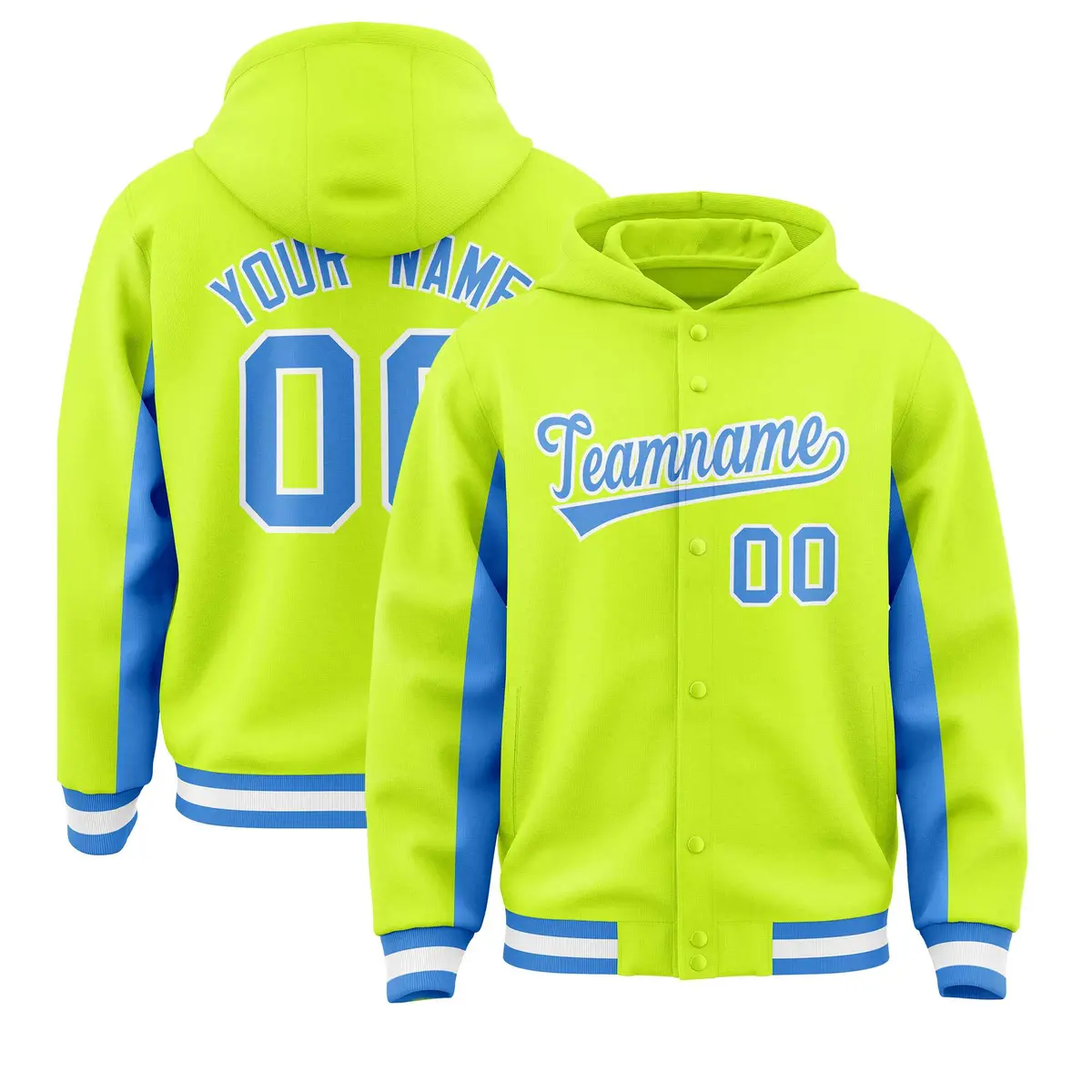Neon Green Powder Blue Color Block Varsity Letterman Jacket Hoodie