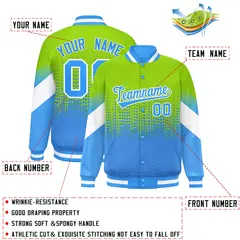 Neon Green Powder Blue Gradient Polka Dot Full-Snap Varsity Jacket 2