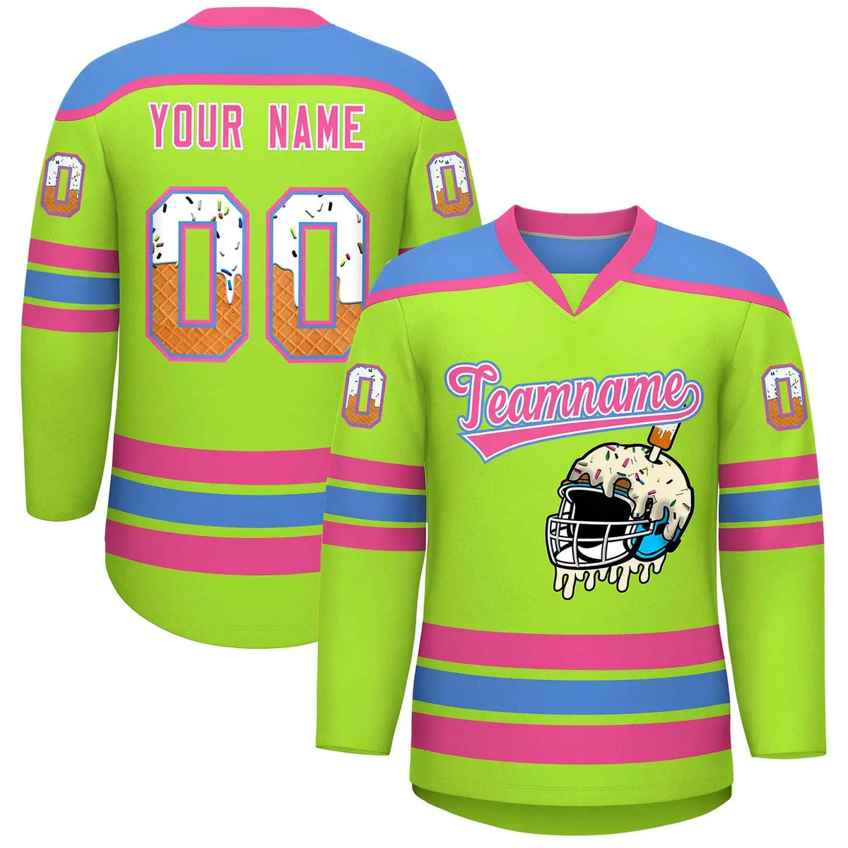 Neon Green Powder Blue Ice Cream Helmet Pattern V-Neck Hockey Jersey