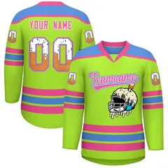 Neon Green Powder Blue Ice Cream Helmet Pattern V-Neck Hockey Jersey 1