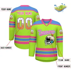 Neon Green Powder Blue Ice Cream Helmet Pattern V-Neck Hockey Jersey 2