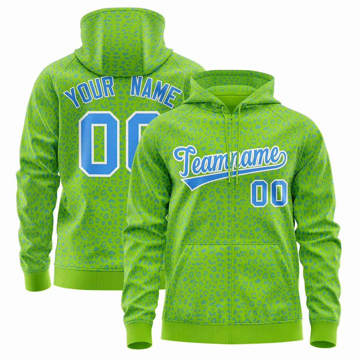 Neon Green Powder Blue Leopard Print Varsity Letterman Jacket Hoodie