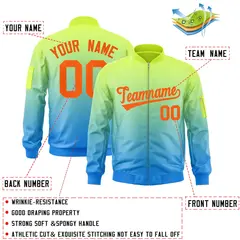 Neon Green Powder Blue-Orange Gradient Varsity Letterman Bomber Jacket 2