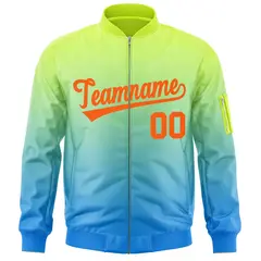 Neon Green Powder Blue-Orange Gradient Varsity Letterman Bomber Jacket 3
