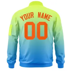 Neon Green Powder Blue-Orange Gradient Varsity Letterman Bomber Jacket 4