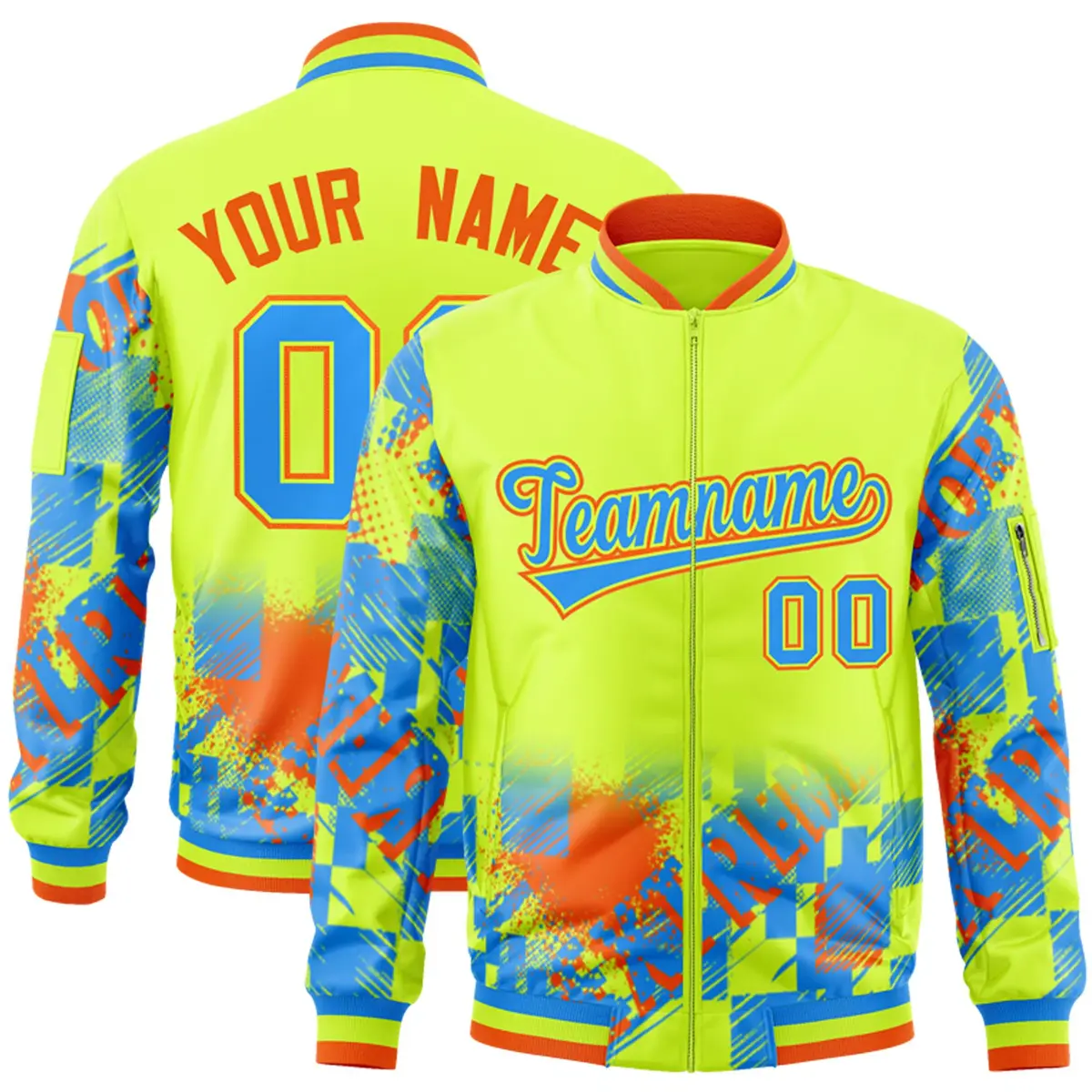 Neon Green Powder Blue-Orange Street Graffiti Varsity Letterman Jacket