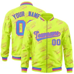 Neon Green Powder Blue-Pink Full-Zip Varsity Letter Bomber Jacket