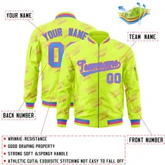 Neon Green Powder Blue-Pink Full-Zip Varsity Letter Bomber Jacket 2