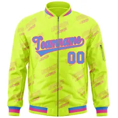 Neon Green Powder Blue-Pink Full-Zip Varsity Letter Bomber Jacket 3