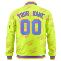 Neon Green Powder Blue-Pink Full-Zip Varsity Letter Bomber Jacket 4