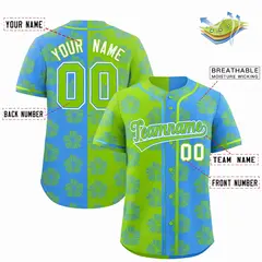 Neon Green Powder Blue Split Flower Graffiti Baseball Jersey 2