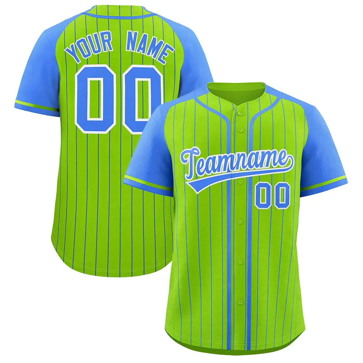 Neon Green Powder Blue Stripe Raglan Baseball Jersey