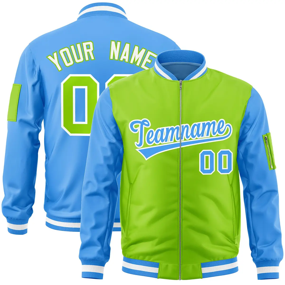 Neon Green Powder Blue Two-Tone Varsity Letterman Bomber Jacket