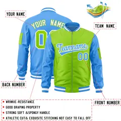 Neon Green Powder Blue Two-Tone Varsity Letterman Bomber Jacket 2