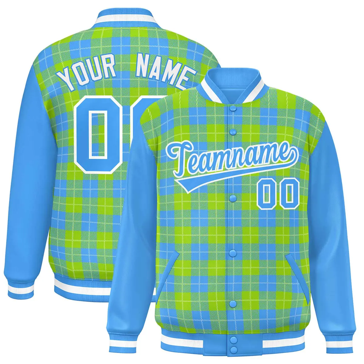 Neon Green Powder Blue-White Plaid Varsity Letterman Baseball Jacket