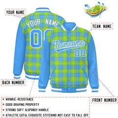 Neon Green Powder Blue-White Plaid Varsity Letterman Baseball Jacket 2