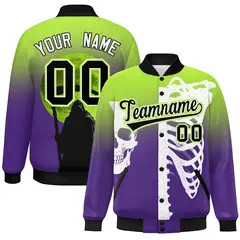 Neon Green Purple Black Halloween Skeleton Graffiti Varsity Jacket Moisture-Wicking 1