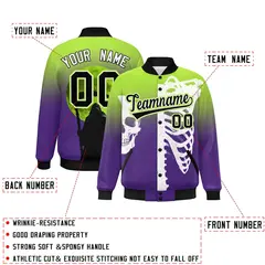 Neon Green Purple Black Halloween Skeleton Graffiti Varsity Jacket Moisture-Wicking 2