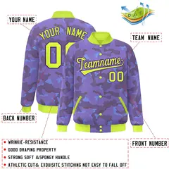Neon Green Purple Camo Varsity Letterman Bomber Jacket 2