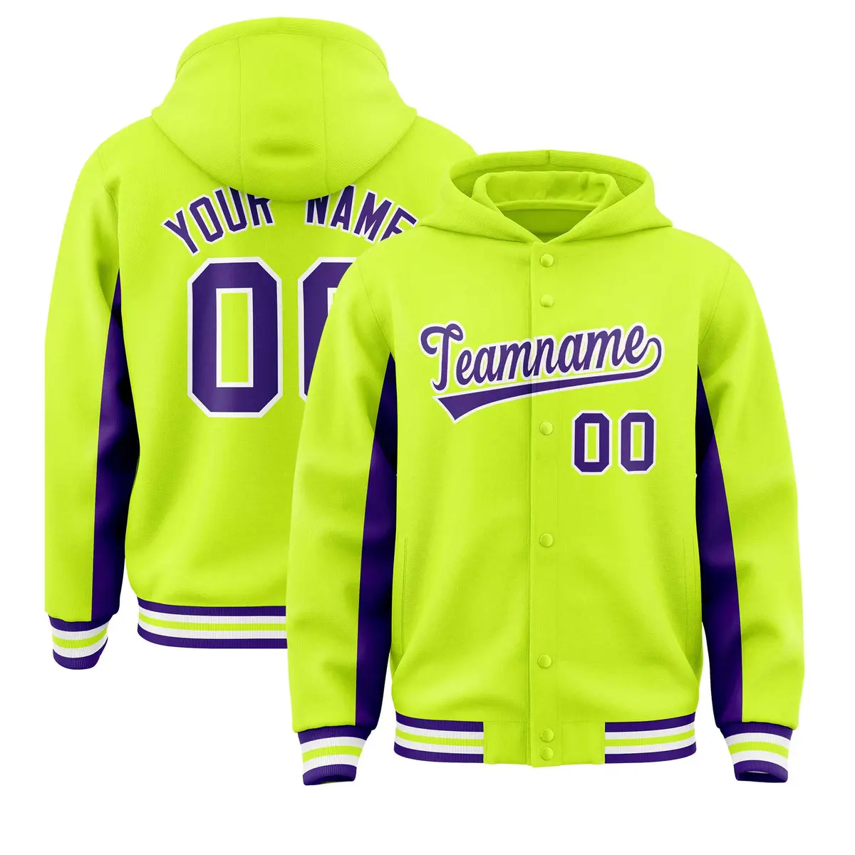 Neon Green Purple Color Block Varsity Letterman Hoodie Jacket