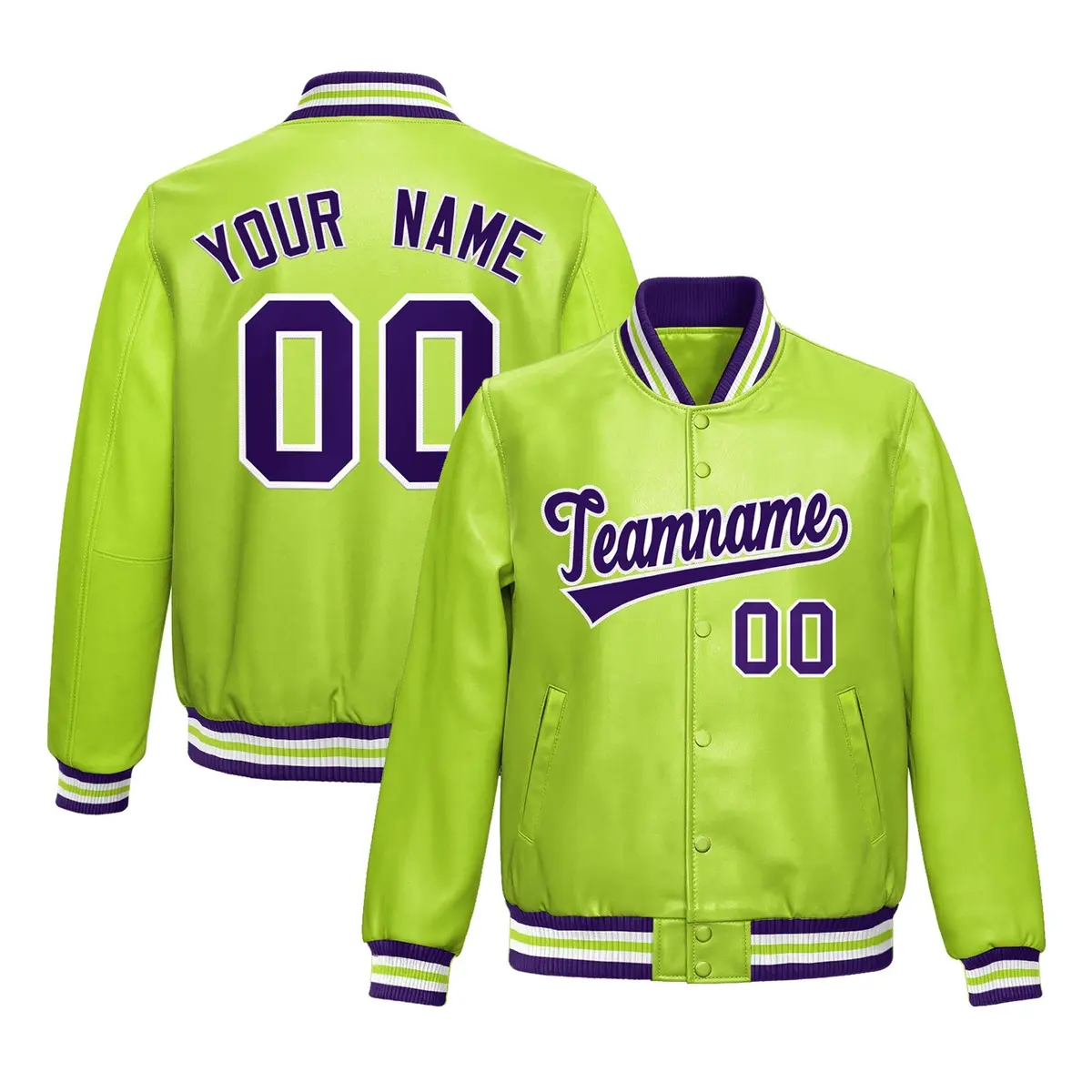 Neon Green Purple Full-Snap Faux Leather Varsity Letterman Jacket