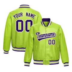 Neon Green Purple Full-Snap Faux Leather Varsity Letterman Jacket 1