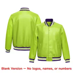 Neon Green Purple Full-Snap Faux Leather Varsity Letterman Jacket 6