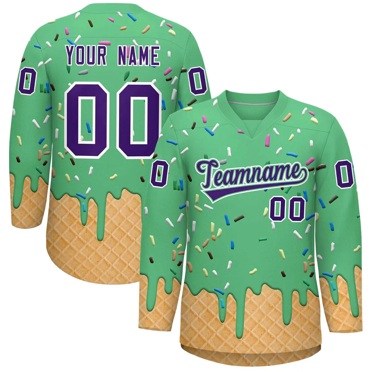 Neon Green Purple Ice Cream Pattern V-Neck Hockey Jersey
