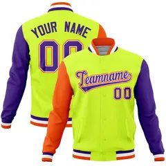 Neon Green Purple-Orange Full-Snap Raglan Letterman Jacket 1
