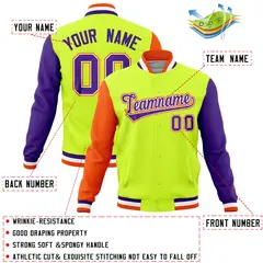 Neon Green Purple-Orange Full-Snap Raglan Letterman Jacket 4