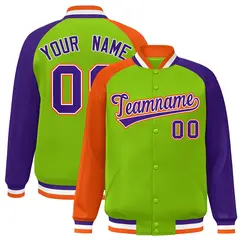 Neon Green Purple-Orange Varsity Raglan Letterman Bomber Jacket 1