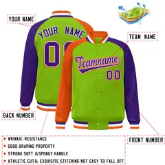 Neon Green Purple-Orange Varsity Raglan Letterman Bomber Jacket 2