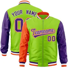 Neon Green Purple-Orange Varsity Raglan Letterman Bomber Jacket 1