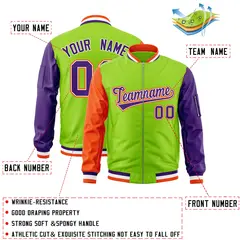 Neon Green Purple-Orange Varsity Raglan Letterman Bomber Jacket 2