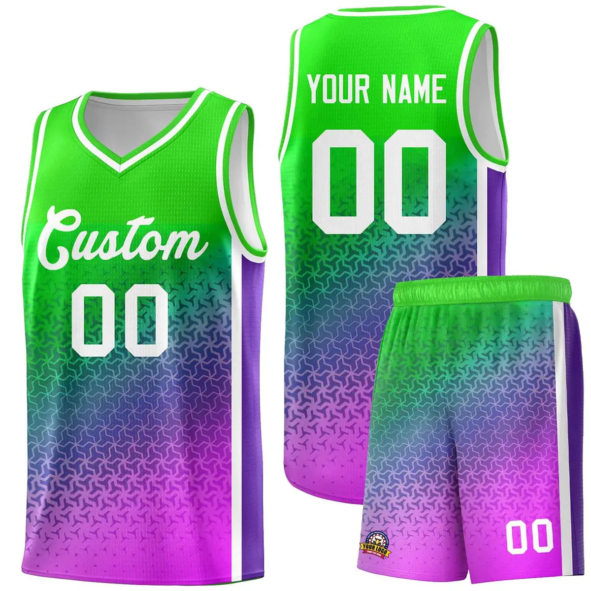 Neon Green Purple-Pink Gradient Irregular Shapes Basketball Jersey