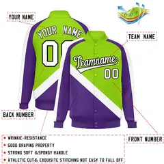 Neon Green Purple Raglan Varsity Letterman Baseball Jacket 2