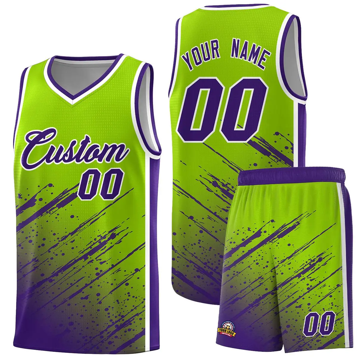 Neon Green Purple Splash Basketball Uniforms for Teams
