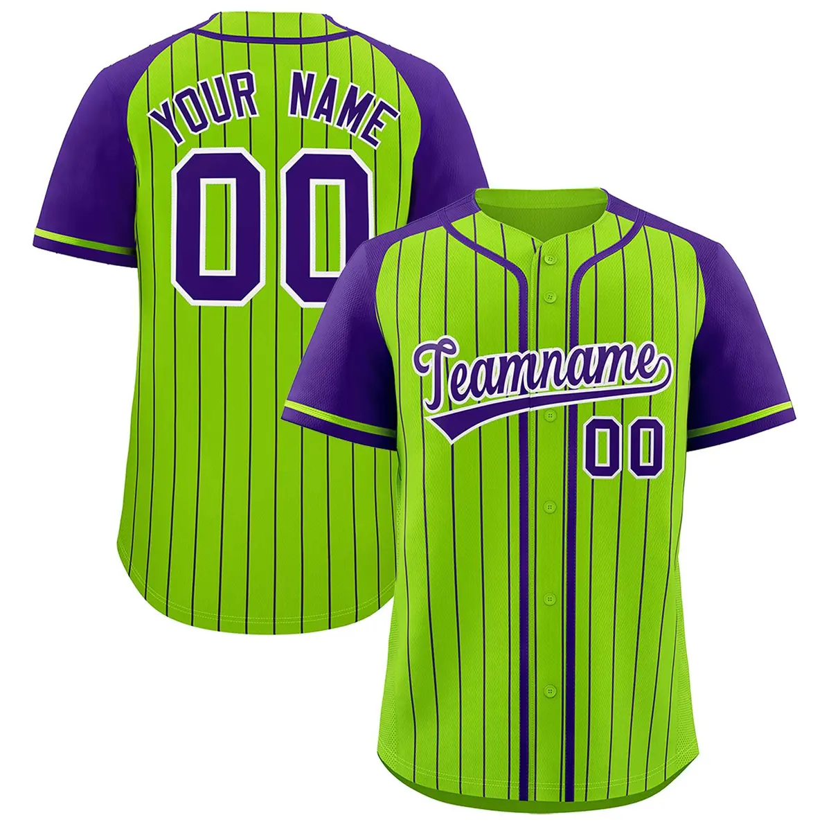 Neon Green Purple Stripe Raglan Baseball Jersey