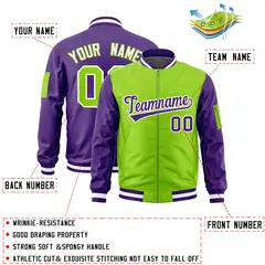 Neon Green Purple Two-Tone Varsity Full-Zip Letterman Bomber Jacket 2