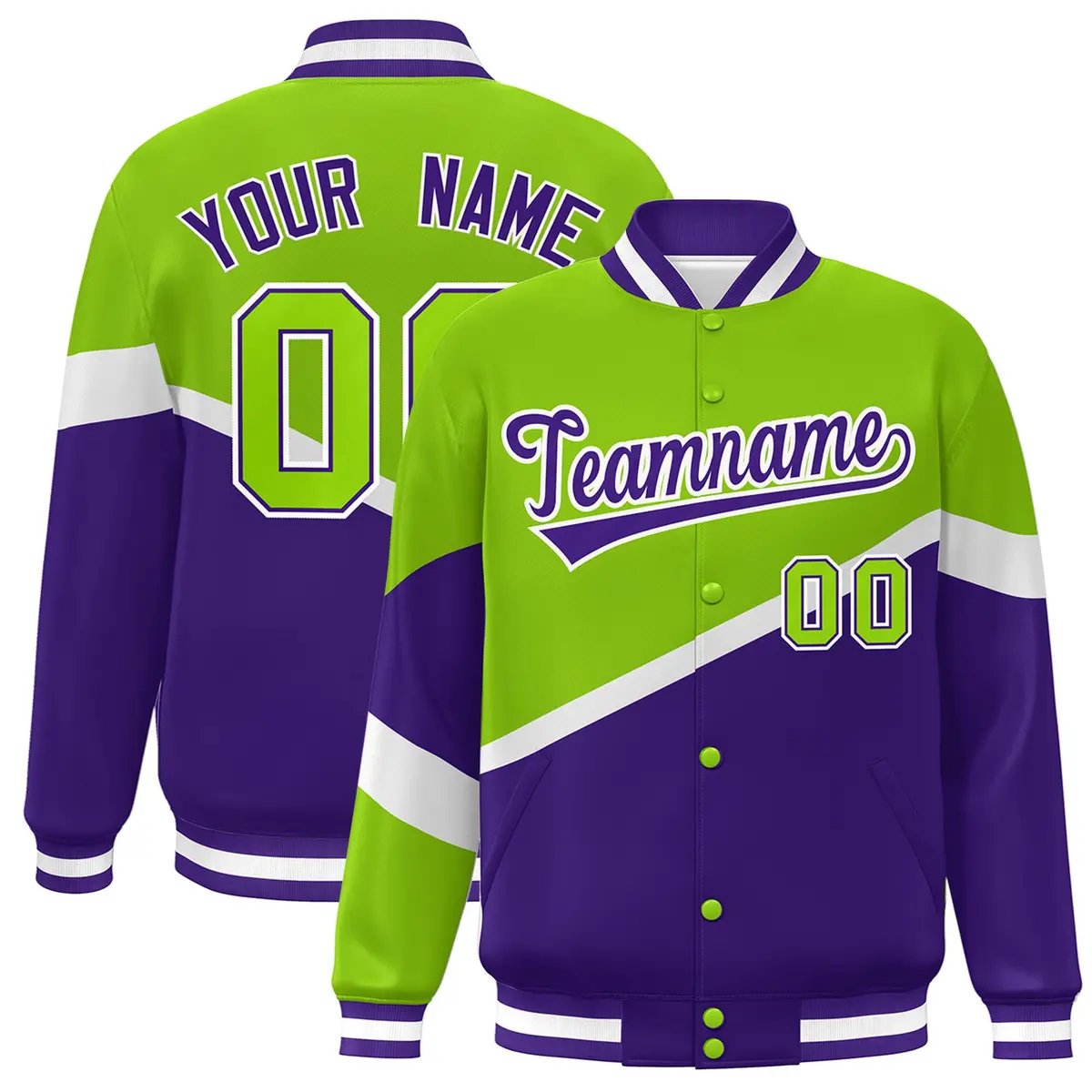 Neon Green Purple-White Color Block Varsity Baseball Jacket