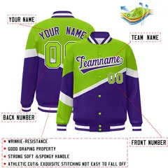 Neon Green Purple-White Color Block Varsity Baseball Jacket 2