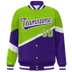 Neon Green Purple-White Color Block Varsity Baseball Jacket 3