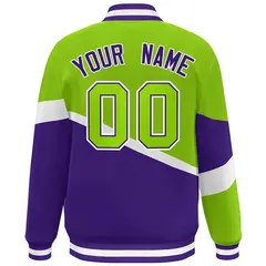 Neon Green Purple-White Color Block Varsity Baseball Jacket 4