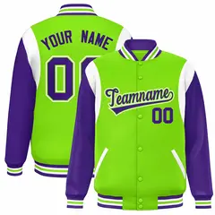 Neon Green Purple-White Color Block Varsity Baseball Jacket