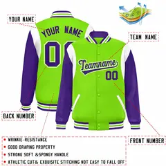 Neon Green Purple-White Color Block Varsity Baseball Jacket 2