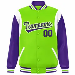 Neon Green Purple-White Color Block Varsity Baseball Jacket 3